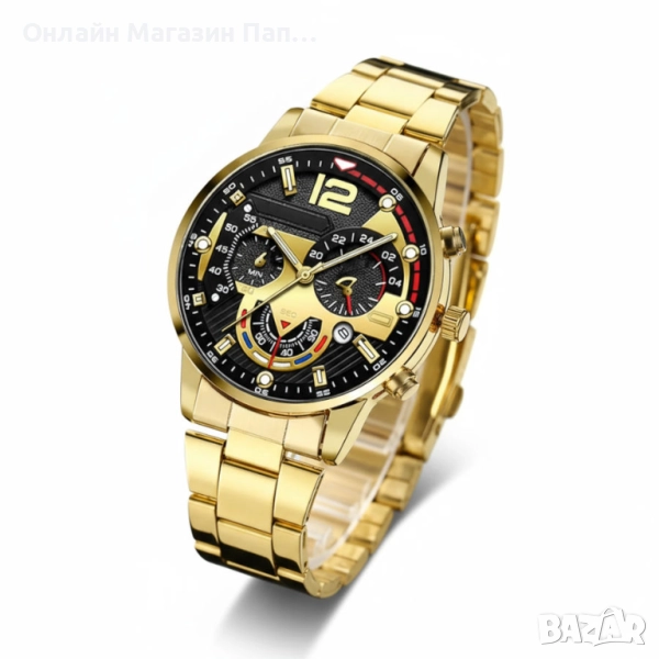 Мъжки кварцов часовник – Златист корпус, черен циферблат, календар, цветен дизайн, снимка 1