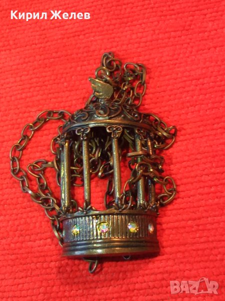 БРОНЗОВ МЕДАЛЬОН СТАТУЕТКА КАФЕЗ за ПТИЧКИ с КАМЪНИ и ВЕРИЖКА 32631, снимка 1