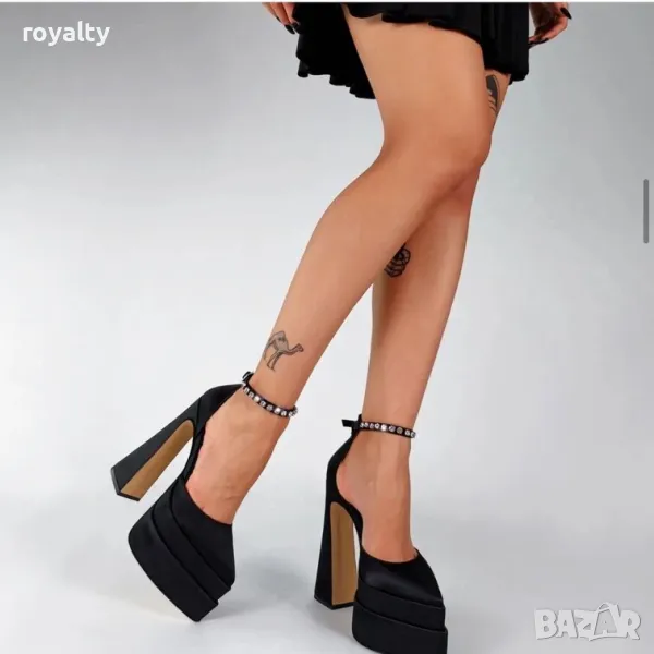 Сандали на ток - черен сатен , снимка 1