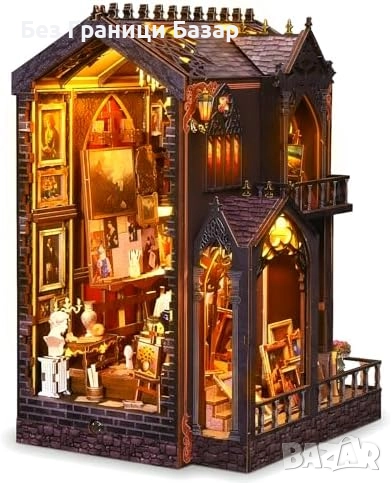 Нова DIY миниатюрна къща арт студио с LED светлина 3D дървен пъзел, снимка 1