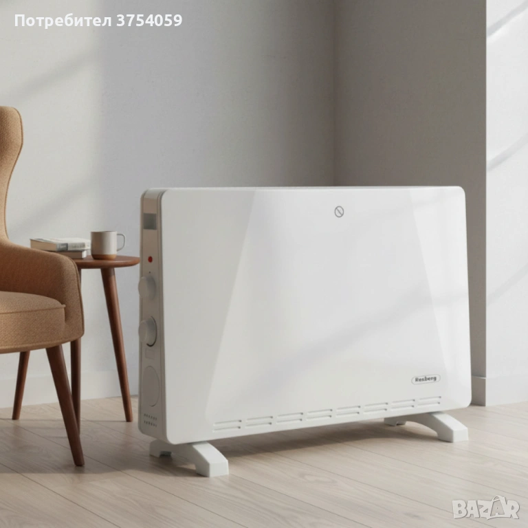 Конвекторен отоплител Rosberg – 2500W, 3 степени, защита от прегряване (бял или черен), снимка 1