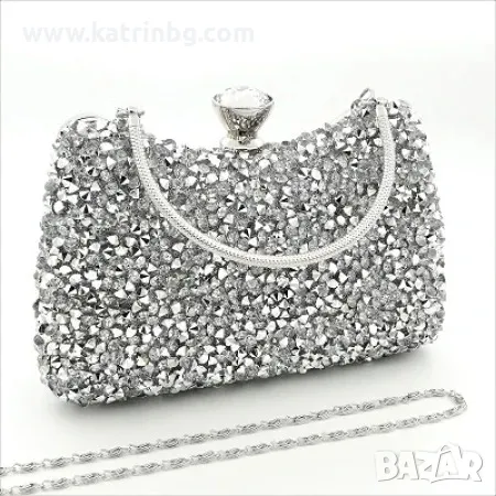 Официална чанта клъч с големи сребристи камъни и къса дръжка, снимка 1