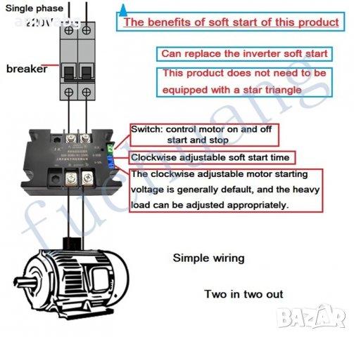 ANIMABG Модул за плавен старт и стоп на монофазен двигател, Модел SSR-40WA-R2, 1.5kW, Черен, снимка 6 - Друга електроника - 39264509