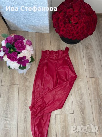 Нови кожени червени панталони тип лек потур висока талия бордо , снимка 2 - Панталони - 41044644