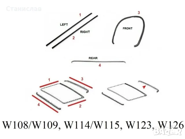 Mercedes W114/W115 Уплътнение с метални четки за люк , снимка 4 - Части - 50429635