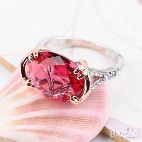 Пръстен с червен циркон, позлата, снимка 3 - Пръстени - 41825129