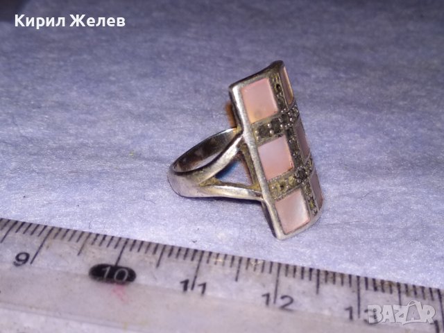 СРЕБЪРЕН СЕДЕФЕН АРТ ПРЪСТЕН СРЕБРО 925 с ШЛИФОВАН РОЗОВ СЕДЕФ и МАРКАЗИТИ - ЧАСТ от КОПЛЕКТ 27694, снимка 14 - Пръстени - 41638263