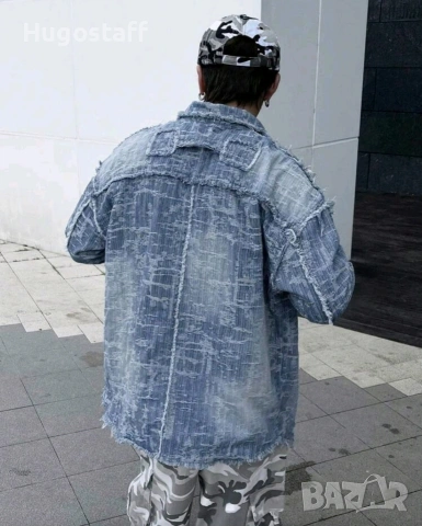 Ново мъжко карго дънково яке риза Street Style накъсан вид овърсайз деним памук ХЛ, снимка 2 - Якета - 53093259