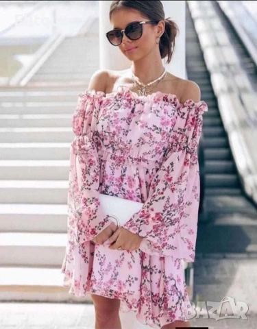 Ефирна флорална рокля с паднали ръкави, снимка 7 - Рокли - 53532622