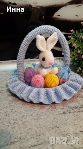 Великденски подаръци. Зайчето +7 яйцата в кошницата. Плетена играчка. Ръчно изработени., снимка 8 - Плюшени играчки - 40207405