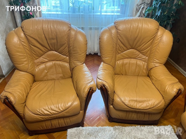 Кожен диван с два фотьойла, снимка 3 - Дивани и мека мебел - 53221595