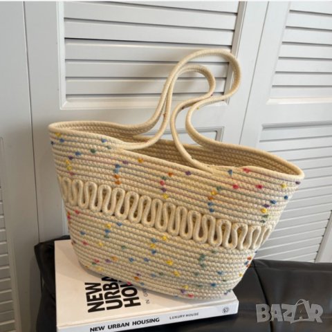 Плетена чанта тип кошница Beige, снимка 3 - Чанти - 41477465