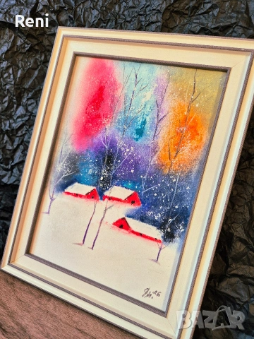 Зима в цветове, картина пастел, оригинал, снимка 3 - Картини - 53052814