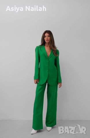 Дамски зелен костюм от две части – сако и широк панталон, снимка 3 - Костюми - 52792823