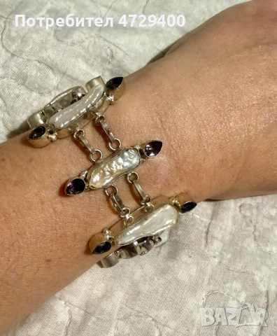 Гривна от естествен бароков перлен и аметисти, снимка 5 - Гривни - 53373790