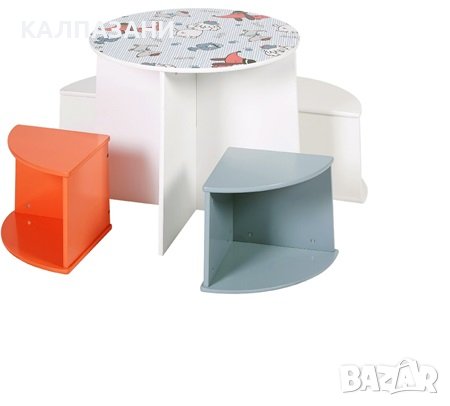 Детска Дървена Маса, Кръгла с 4 Стабилни Столчета, Комплект с Компактен Дизайн - DOGS