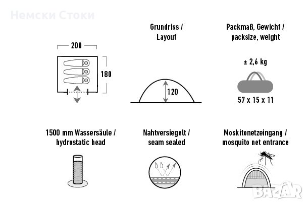 3-местна палатка High Peak Beaver3,1500mm,200x180+спален чувал LitePak, снимка 5 - Палатки - 42626554