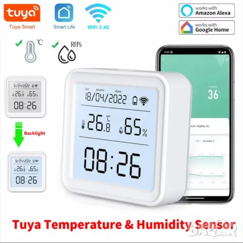 Tuya Smart/Smart Life WiFi Сензор за температура и влажност с дисплей и LED-подсветка, снимка 1 - Друга електроника - 48119607