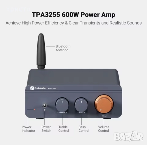 Fosi audio усилвател 2х300W bt20a pro tpa3255, снимка 2 - Ресийвъри, усилватели, смесителни пултове - 52375381