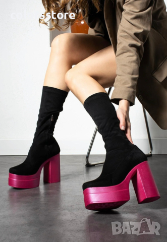 Ботуши на ток - черен велур с ходило цвят маджента - BN10, снимка 2 - Дамски ботуши - 44707357