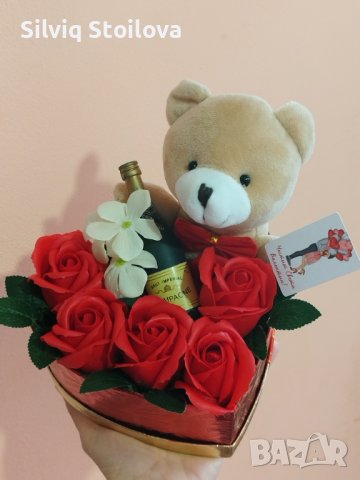 Сърце със сапунени цветя и мече, снимка 5 - Подаръци за жени - 39594613
