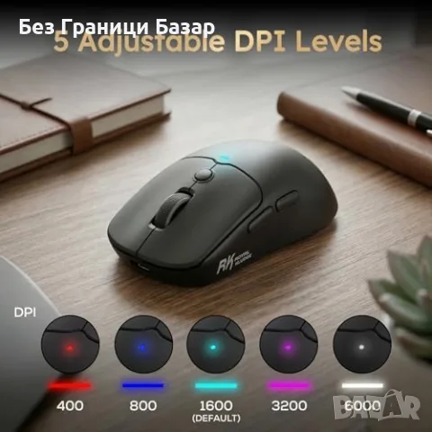 Нова черна Безжична тиха мишка RK Royal Kludge MO1 6 бутона Bluetooth 2.4GHz USB-C, снимка 6 - Клавиатури и мишки - 55954800