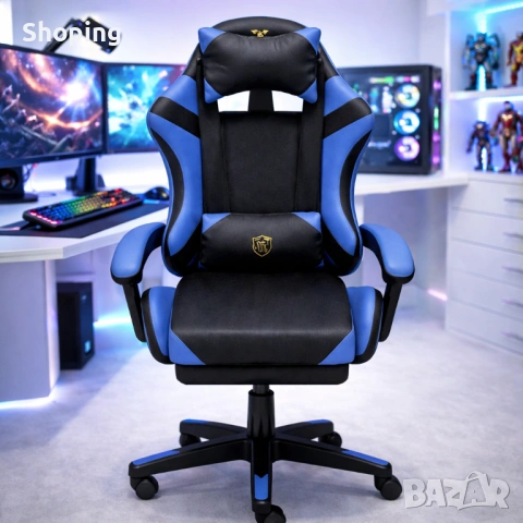 Ергономичен геймърски стол с масажна функция и поставка за крака – черно-син