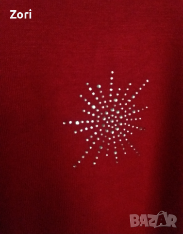 УНИКАЛНО червено поло от фино и меко плетиво, украсено със сребристи камъчета, снимка 2 - Блузи с дълъг ръкав и пуловери - 44794289