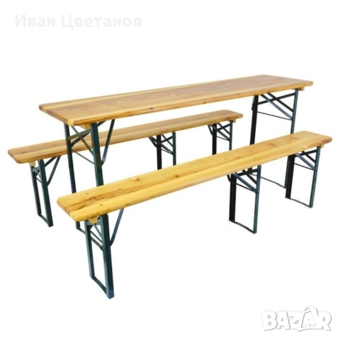Сгъваем комплект градинска маса с 2 пейки - От чамово дърво, с отвор за чадър, снимка 2 - Градински мебели, декорация  - 53515277