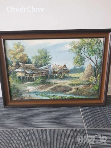69х49см/голяма картина масло върху платно/джунгла/наколни къщи-дървета-река/дървена рамка