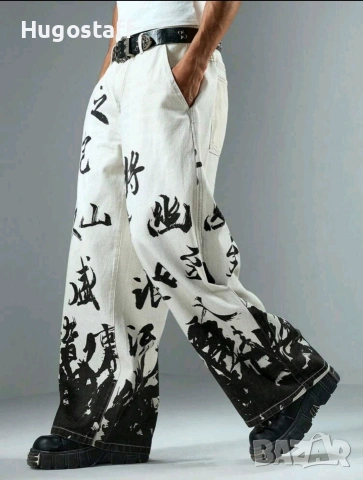 Нови японски йероглифи baggy дънки Casual Loose Fit Jeans панталони карго M/32, снимка 3 - Дънки - 53856042