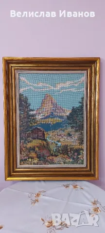 Гоблен планински пейзаж със стъкло и красива дървена рамка.Отлично състояние, снимка 2 - Гоблени - 50054177