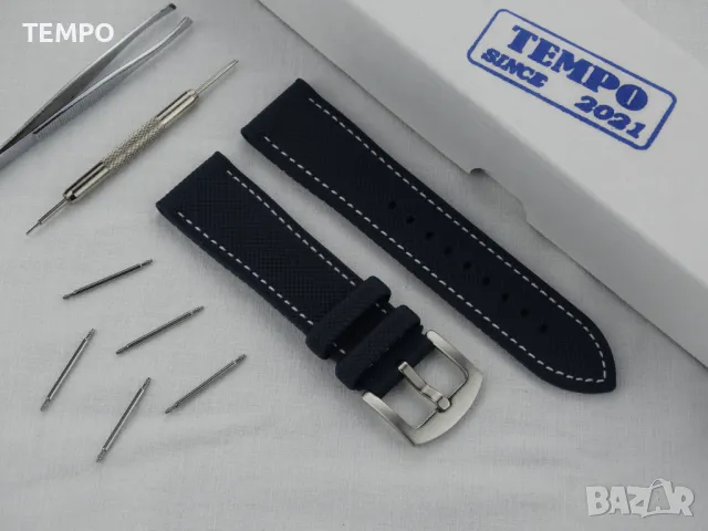 СИЛИКОНОВА КАИШКА СИНЯ С БЯЛ ШЕВ- 20мм + ПОДАРЪК, снимка 3 - Каишки за часовници - 48451474