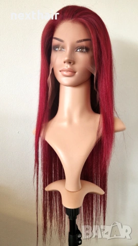 Естествена дантелена перука 80 см - 200% плътност, 13x6 Lace, бургунди тъмно червена права коса, снимка 6 - Аксесоари за коса - 53136225