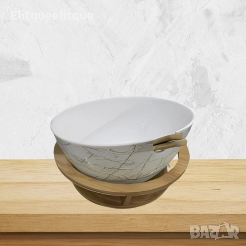 Керамична купа с дървена стойка и мраморен ефект, снимка 5 - Декорация за дома - 52186370
