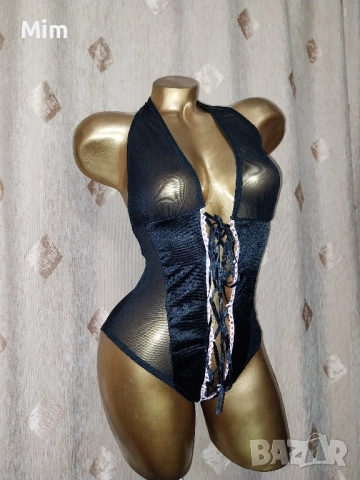 М Черно боди от сатен и прозрачен тюл съединено по цялата дължина със сатенена лента , снимка 2 - Бельо - 51969865