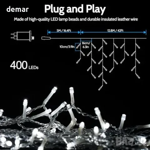 Външни коледни светлини Icicle IP65 с 400 LED, топло бяло, снимка 4 - Външни лампи - 55776148