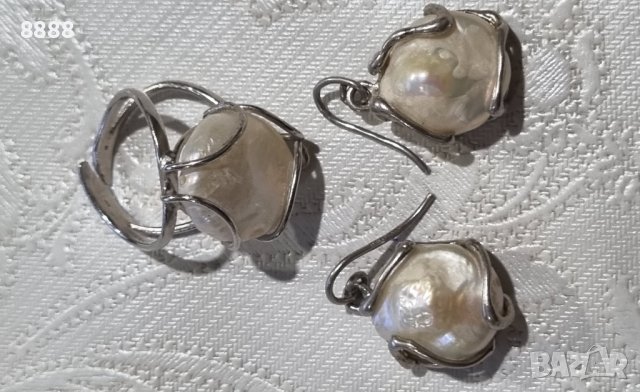 Сребърен комплект обеци с пръстен с натурални перли , снимка 2 - Бижутерийни комплекти - 44231258