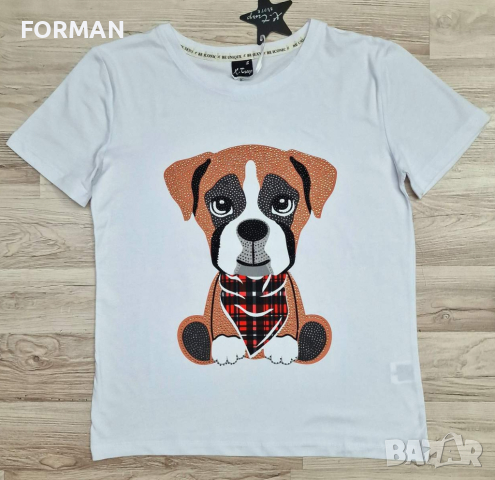 УНИКАЛНА бяла тениска с щампа кученце, цялото с камъчета , снимка 2 - Тениски - 44610938