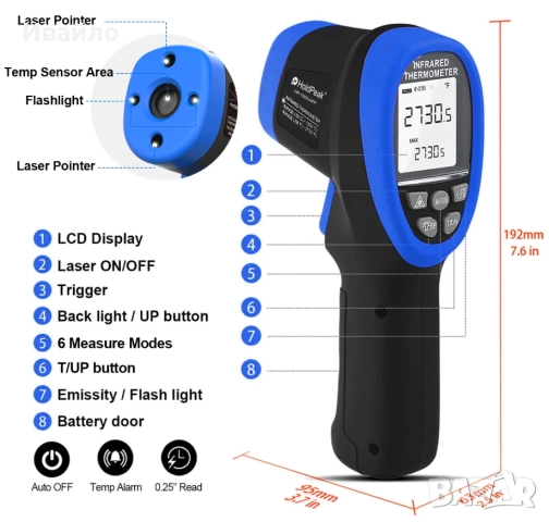 Инфрачервен Термометър HoldPeak -50 до 1500С, Блутут Връзка, снимка 4 - Измервателни инструменти - 52665882