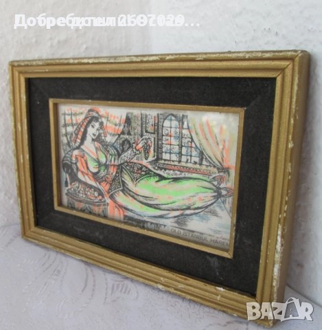  СТАРА наивна картина, много голяма, рисуван ковьор, поднос, харем, принт.., снимка 8 - Картини - 28949724