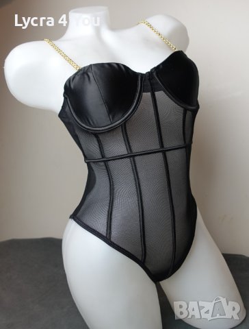 S луксозно черно боди със сатен и тюл и златисти верижни презрамки, снимка 3 - Бельо - 40552258