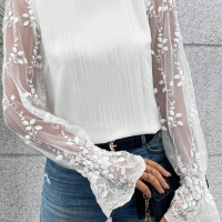 Дамска елегантна блуза в бяло с ръкави от тюл, снимка 7 - Блузи с дълъг ръкав и пуловери - 44632282