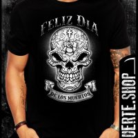 Черна тениска с щампа FELIZ DIA SUGARSKULL, снимка 1 - Тениски - 42670754