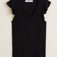 Mango нова черна рипсена блуза с къси набрани ръкави, снимка 3 - Тениски - 41518935