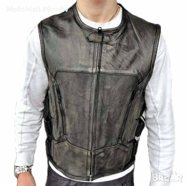 Кожен мото елек Roader Кафяв рокер клубен естествена кожа от S до 8XL, снимка 1