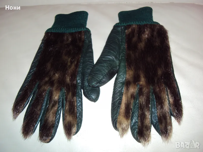 Екстравагантни дамски зелени кожени ръкавици с косъм , снимка 1