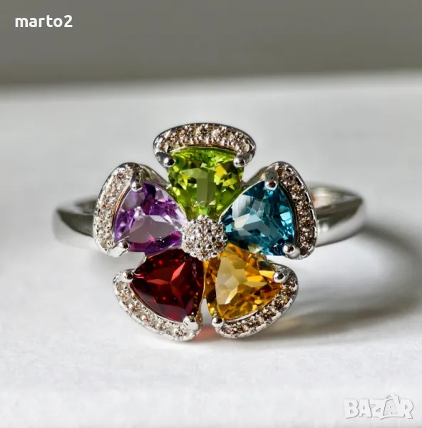 Сребърен 925 Пръстен с Камъни - Натурален Перидот Аметист Гранат Цитрин London Blue Топаз и Циркони!, снимка 1