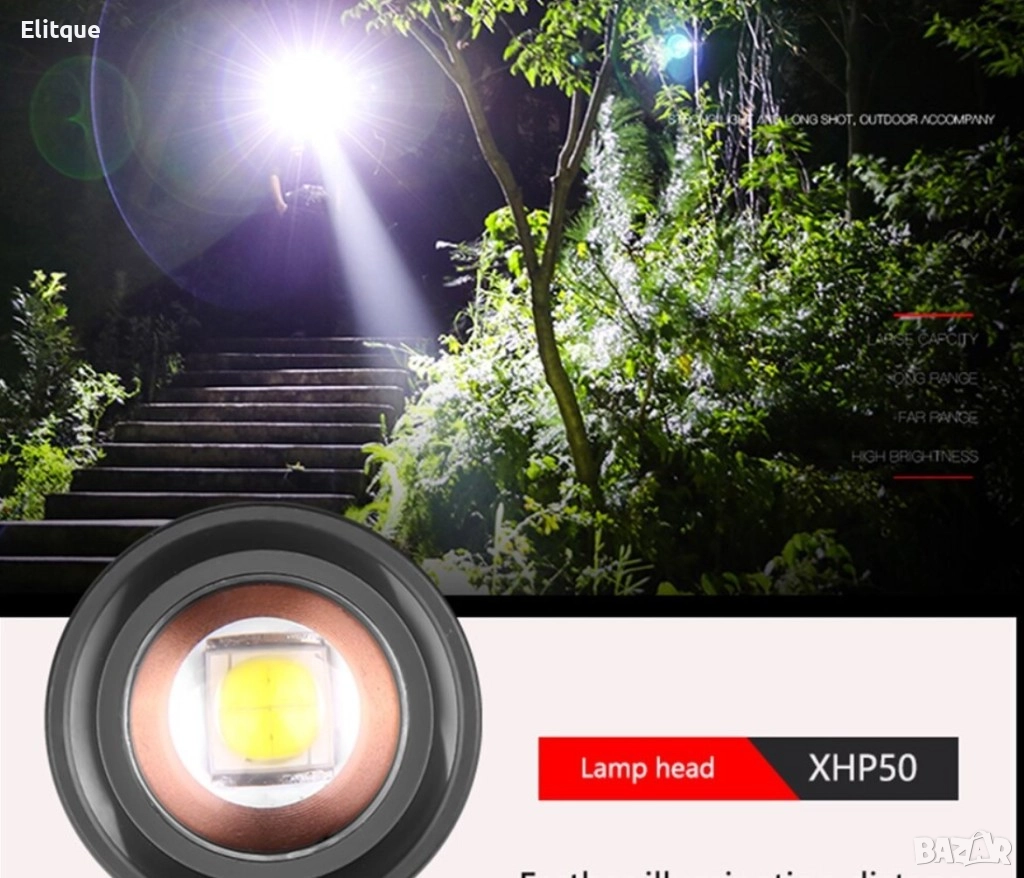 Мощно Ръчно джобно фенерче  с крушка XHP50  магнит и голяма батерия FL64, снимка 1