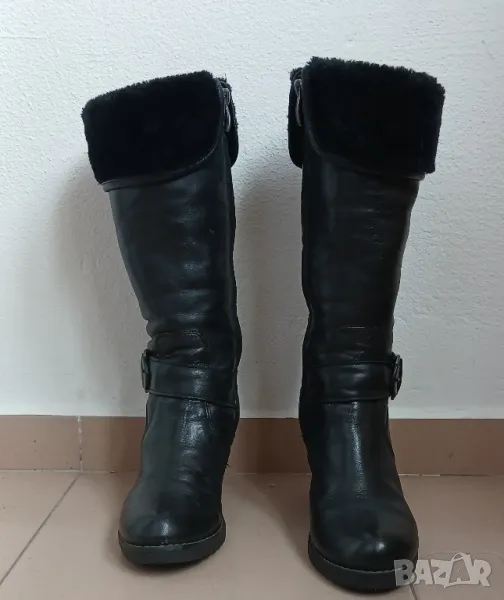 Дамски дълги ботуши черни от естествена кожа на висока платформа с катарама номер 38., снимка 1
